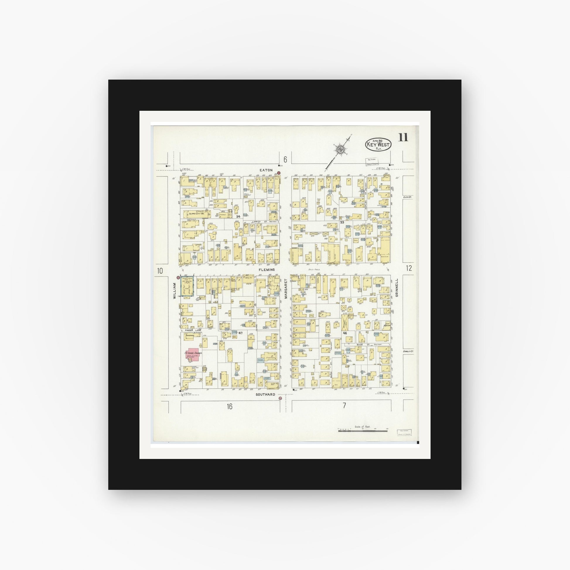 Old map wall art mockup — black gallery frame with white mat — Sanborn Fire Insurance Map from Key West, Monroe County, Florida (1912), Sheet #0011