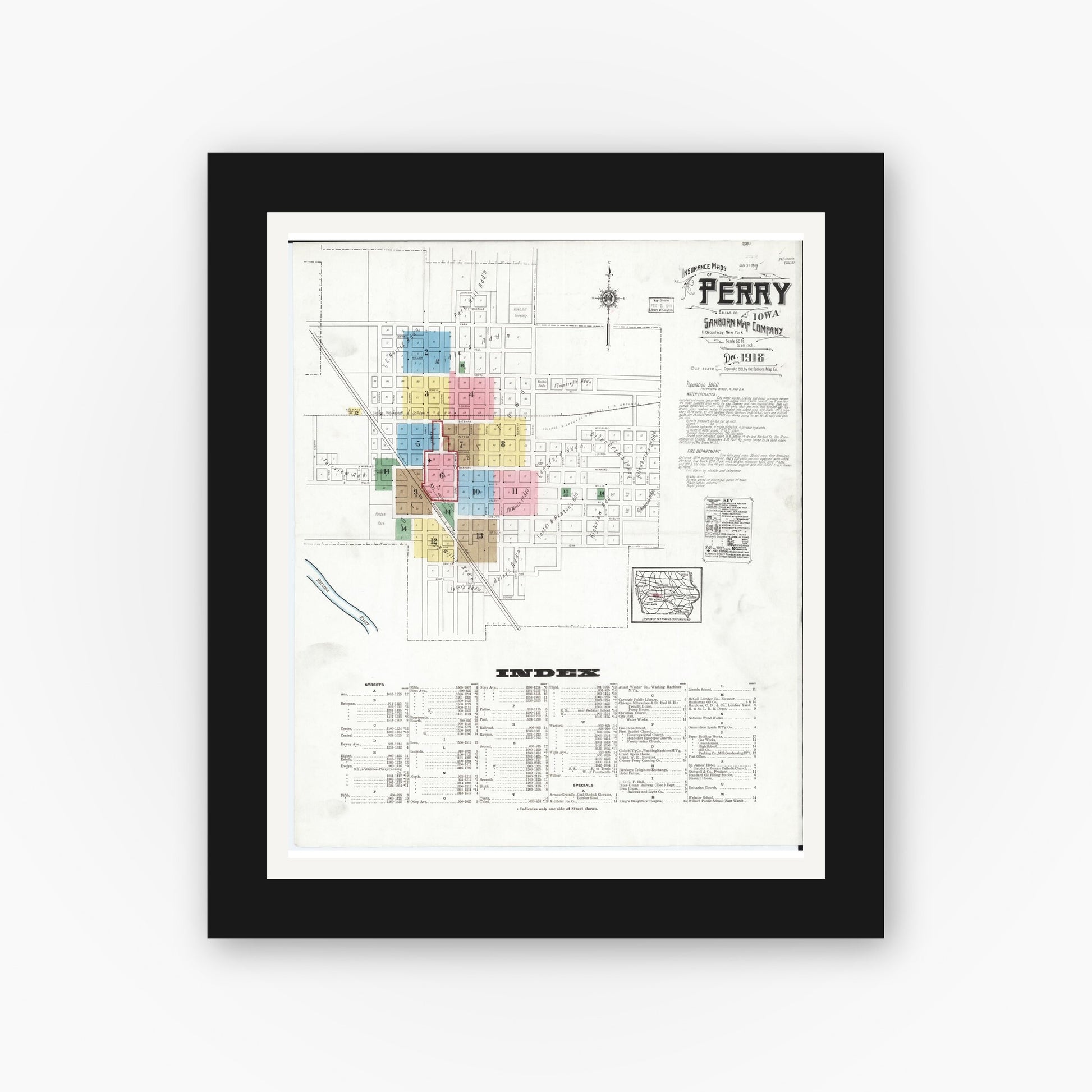 Old map wall art mockup — black gallery frame with white mat — Sanborn Fire Insurance Map from Perry, Dallas County, Iowa (1918) â€” Complete Set