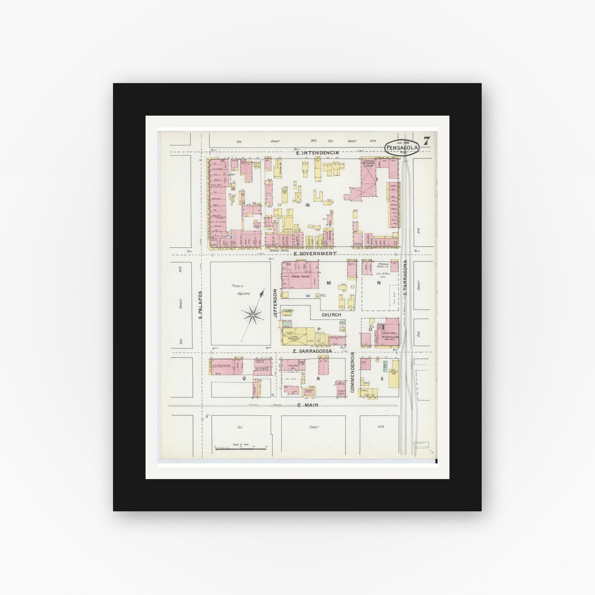Old map wall art mockup — black gallery frame with white mat — Sanborn Fire Insurance Map from Pensacola, Escambia County, Florida (1892), Sheet #0007