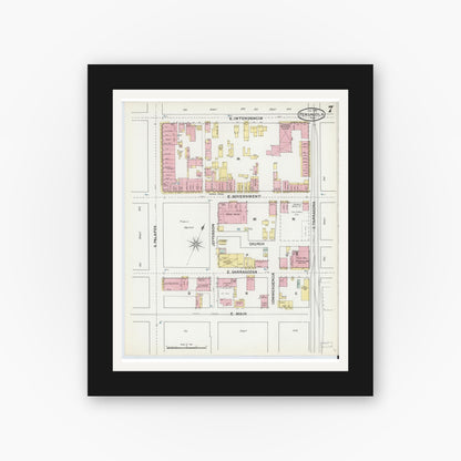 Old map wall art mockup — black gallery frame with white mat — Sanborn Fire Insurance Map from Pensacola, Escambia County, Florida (1892), Sheet #0007