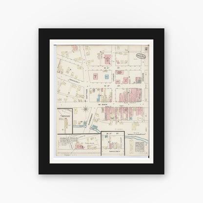 Old map wall art mockup — black gallery frame with white mat — Sanborn Fire Insurance Map from Ashland, Ashland County, Ohio (1884), Sheet #0002
