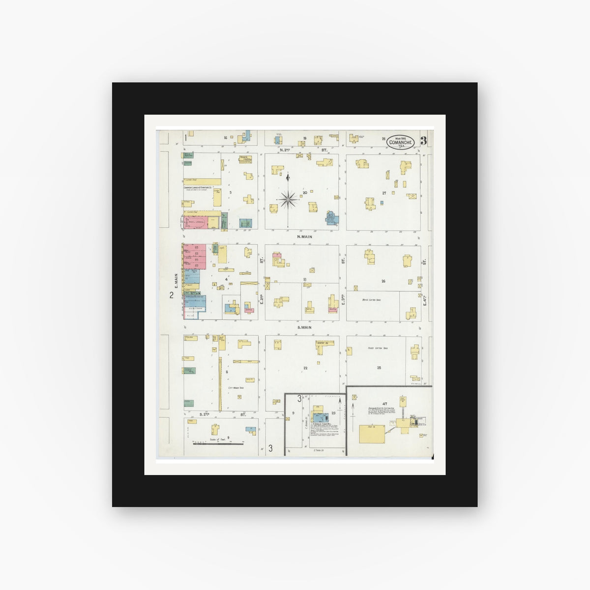 Old map wall art mockup — black gallery frame with white mat — Sanborn Fire Insurance Map from Comanche, Comanche County, Texas (1902), Sheet #0003