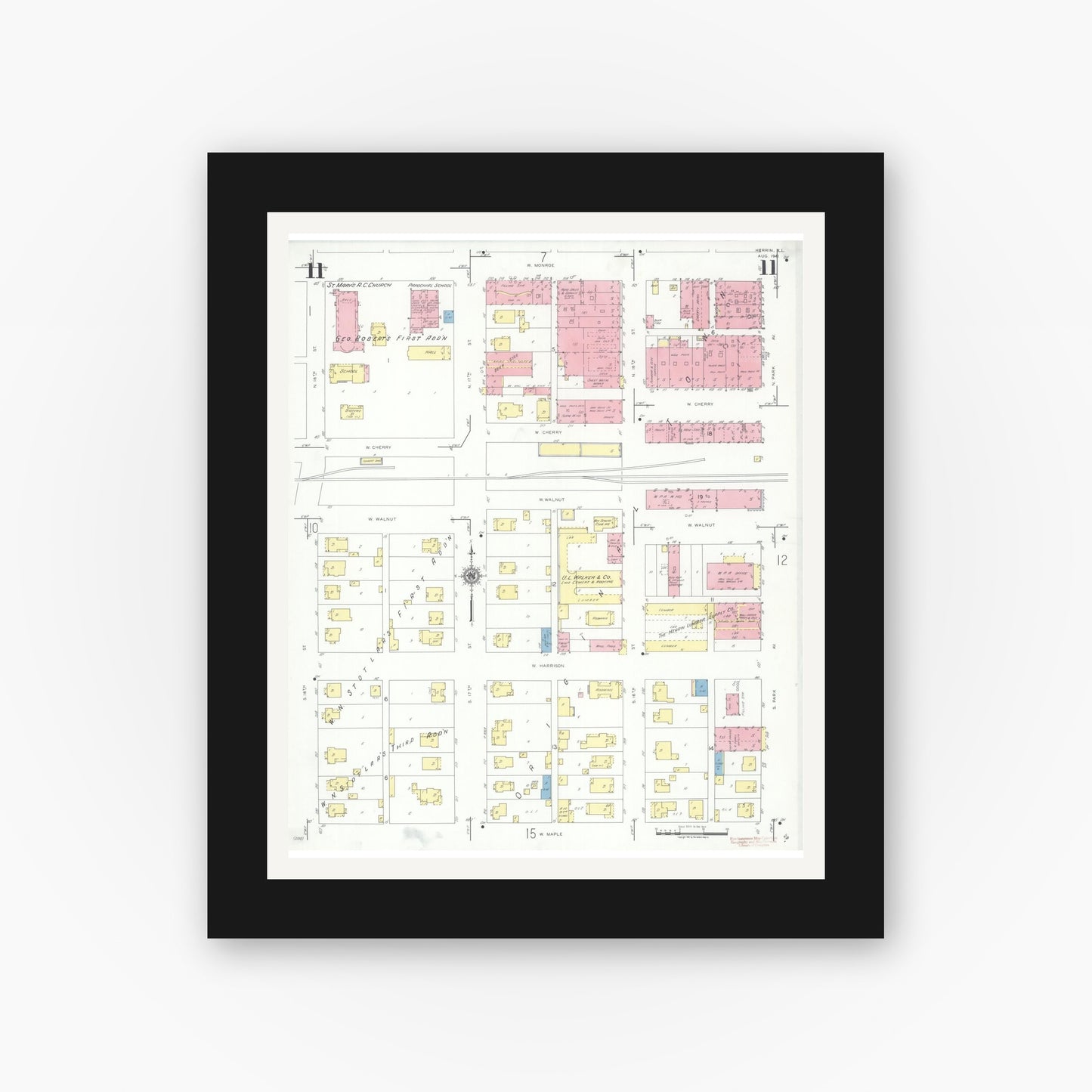 Old map wall art mockup — black gallery frame with white mat — Sanborn Fire Insurance Map from Herrin, Williamson County, Illinois (1941), Sheet #0011