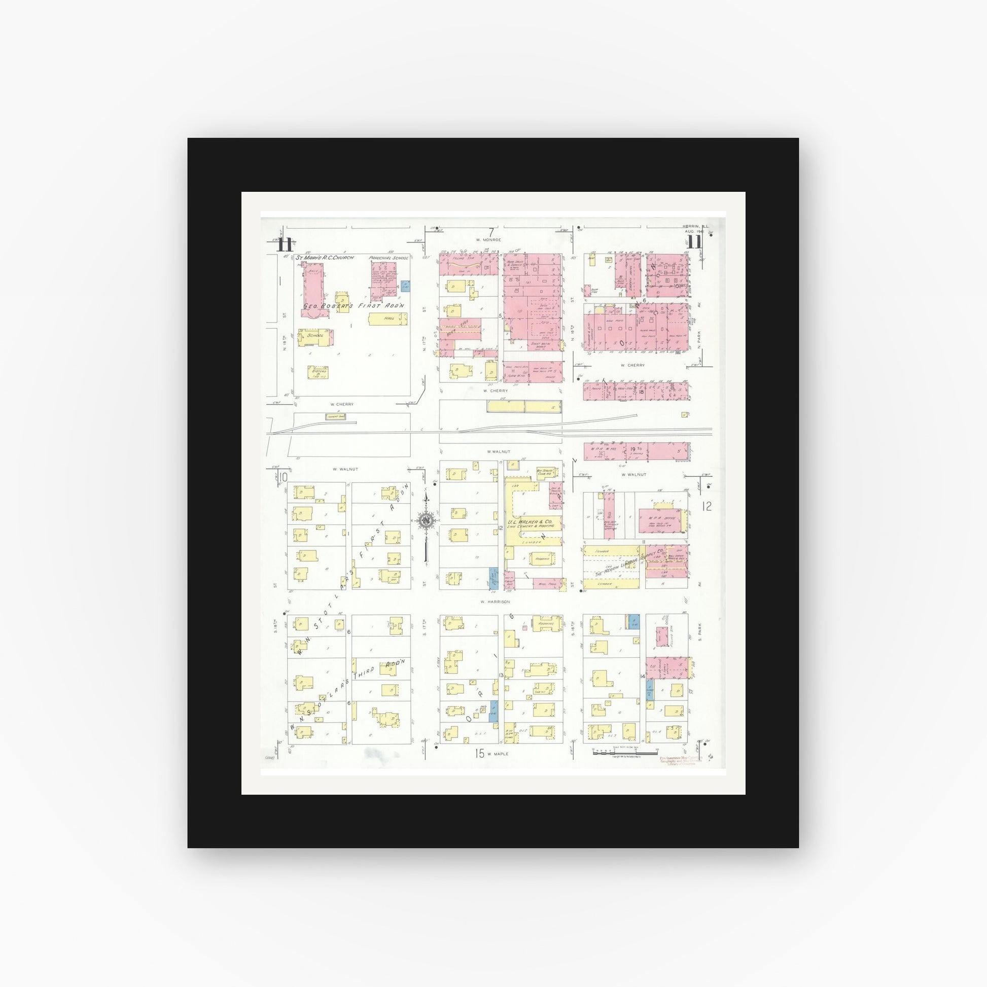 Old map wall art mockup — black gallery frame with white mat — Sanborn Fire Insurance Map from Herrin, Williamson County, Illinois (1941), Sheet #0011