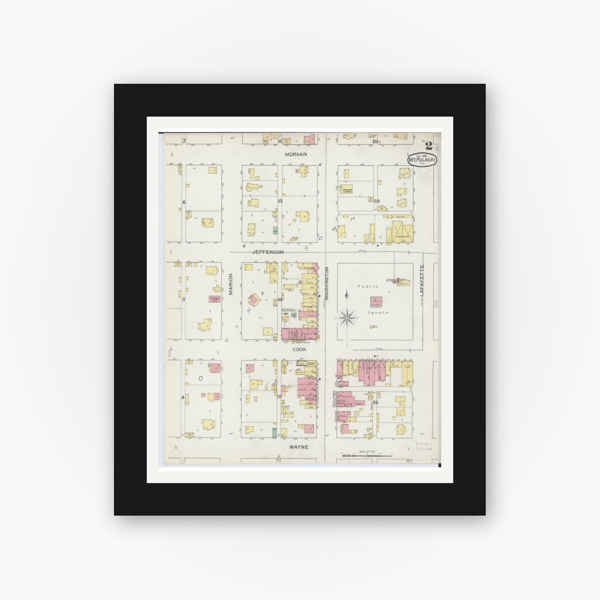 Old map wall art mockup — black gallery frame with white mat — Sanborn Fire Insurance Map from Mount Pulaski, Logan County, Illinois (1893), Sheet #0002