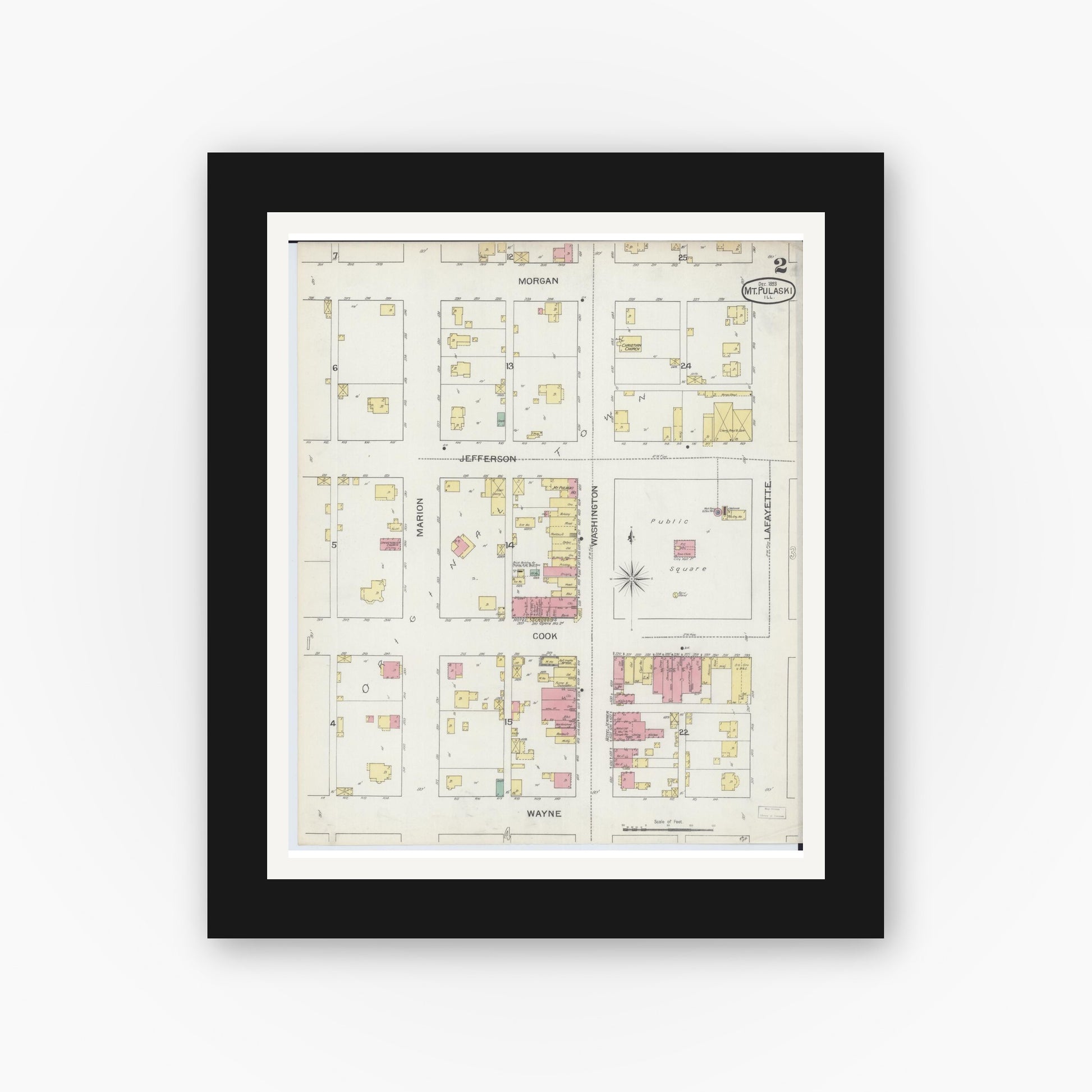 Old map wall art mockup — black gallery frame with white mat — Sanborn Fire Insurance Map from Mount Pulaski, Logan County, Illinois (1893), Sheet #0002
