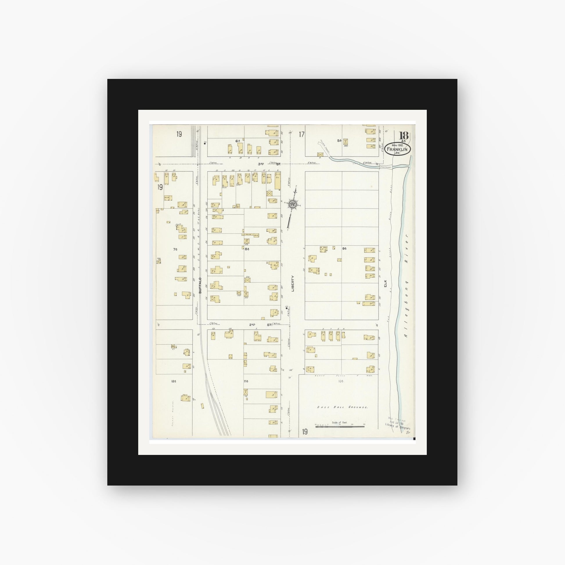 Old map wall art mockup — black gallery frame with white mat — Sanborn Fire Insurance Map from Franklin, Venango County, Pennsylvania (1912), Sheet #0018