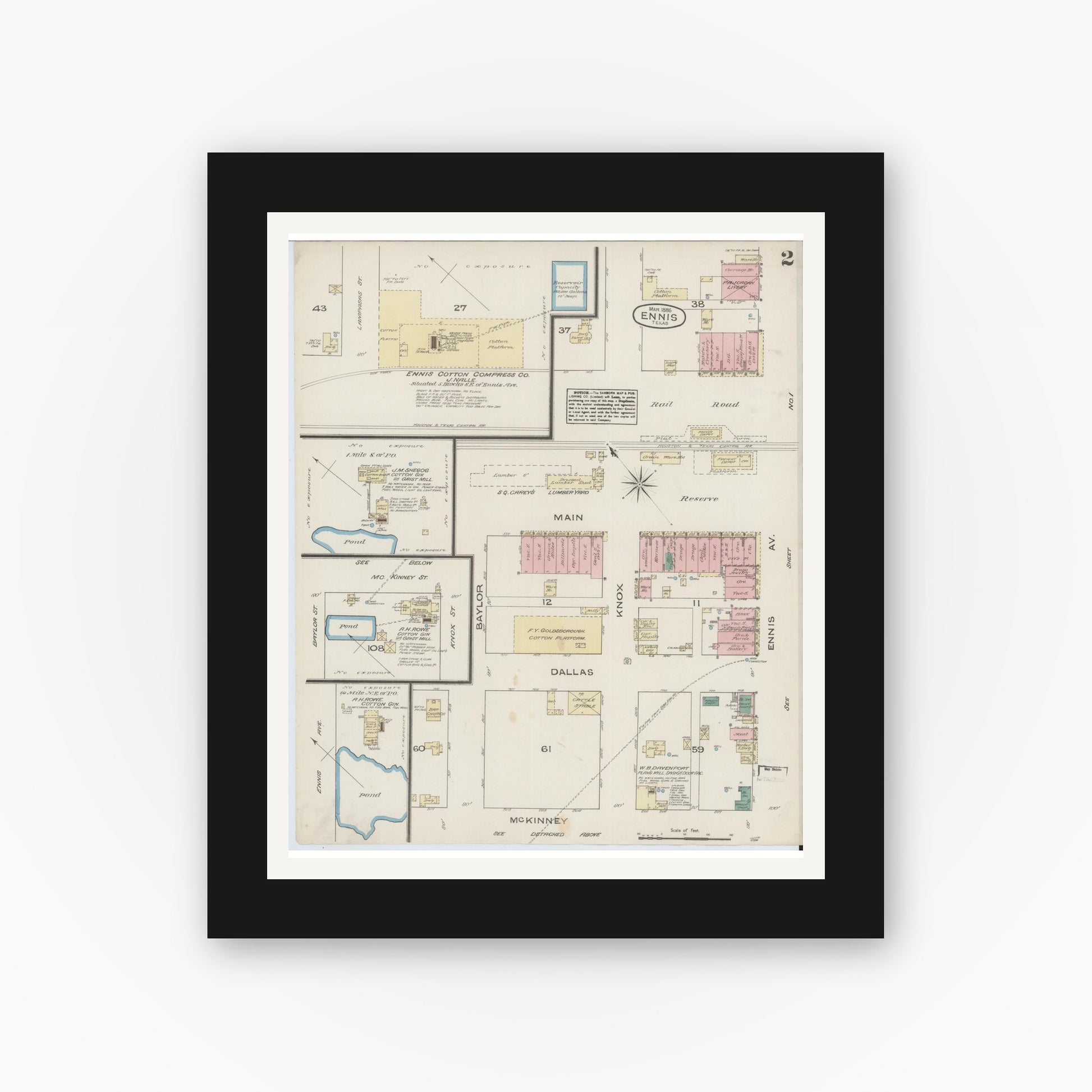 Old map wall art mockup — black gallery frame with white mat — Sanborn Fire Insurance Map from Ennis, Ellis County, Texas (1885), Sheet #0002