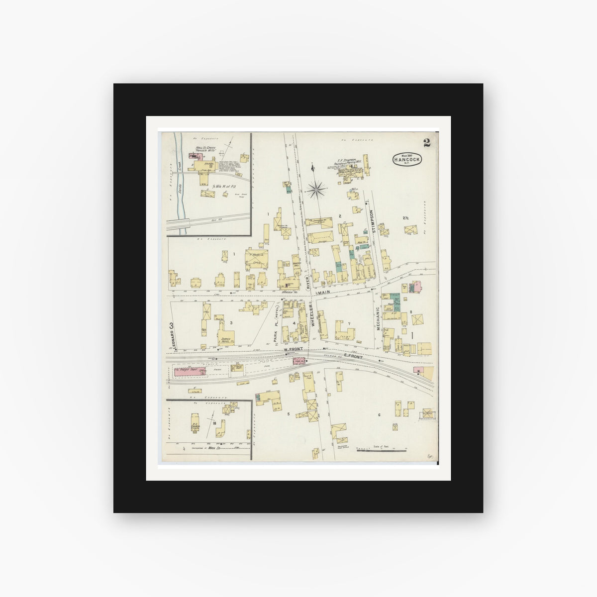 Old map wall art mockup — black gallery frame with white mat — Sanborn Fire Insurance Map from Hancock, Delaware County, New York (1897), Sheet #0002
