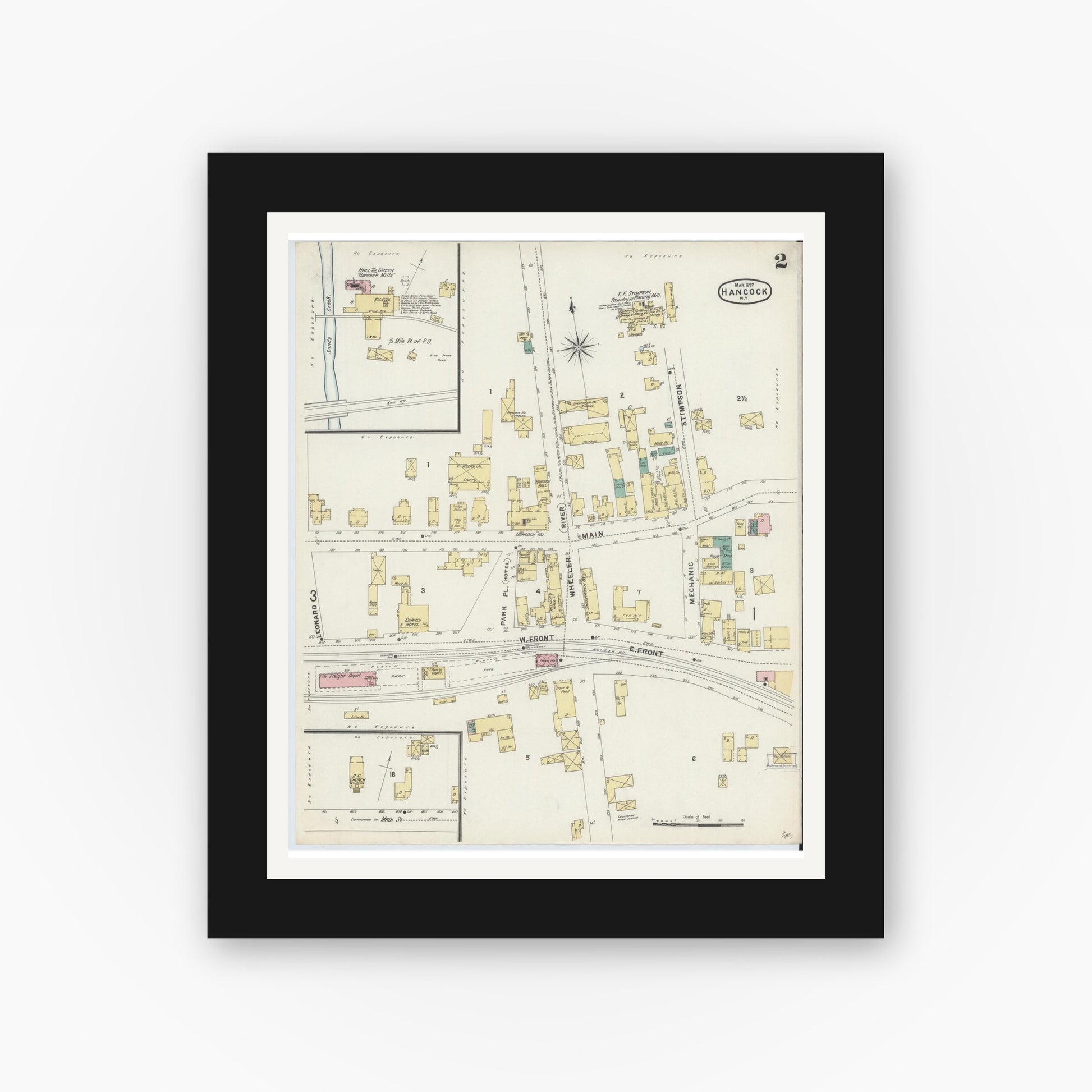 Old map wall art mockup — black gallery frame with white mat — Sanborn Fire Insurance Map from Hancock, Delaware County, New York (1897), Sheet #0002