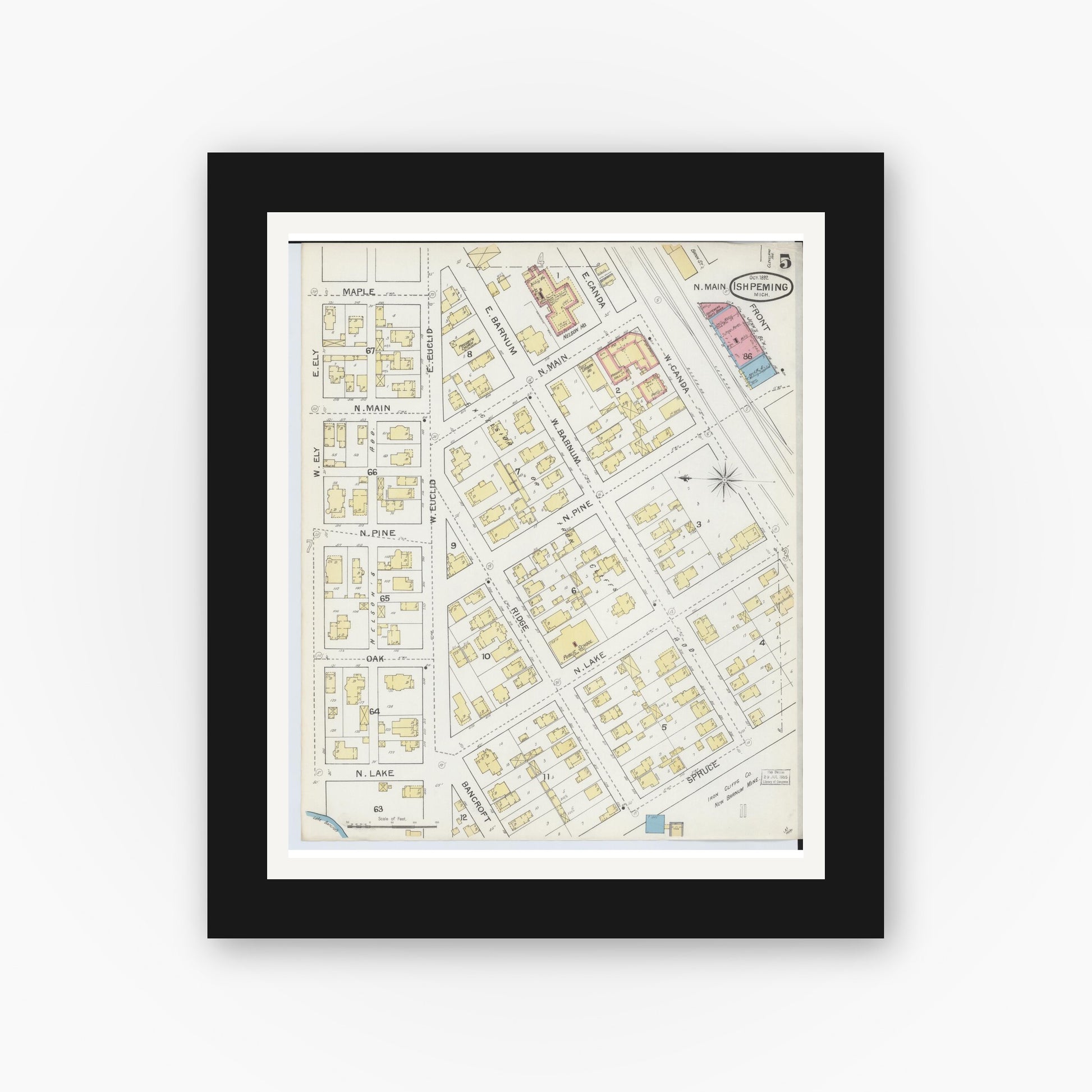 Old map wall art mockup — black gallery frame with white mat — Sanborn Fire Insurance Map from Ishpeming, Marquette County, Michigan (1892), Sheet #0005