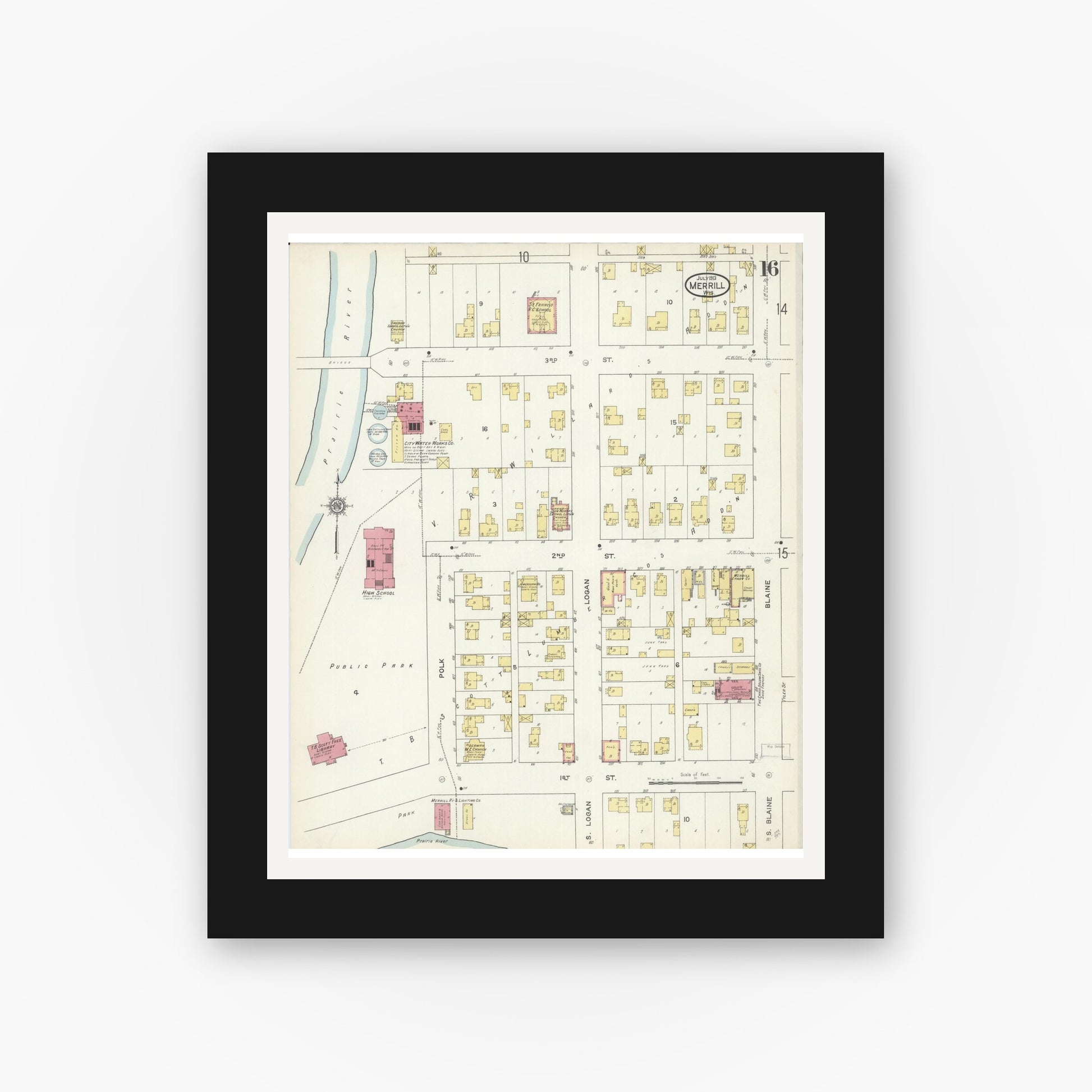 Old map wall art mockup — black gallery frame with white mat — Sanborn Fire Insurance Map from Merrill, Lincoln County, Wisconsin (1913), Sheet #0016