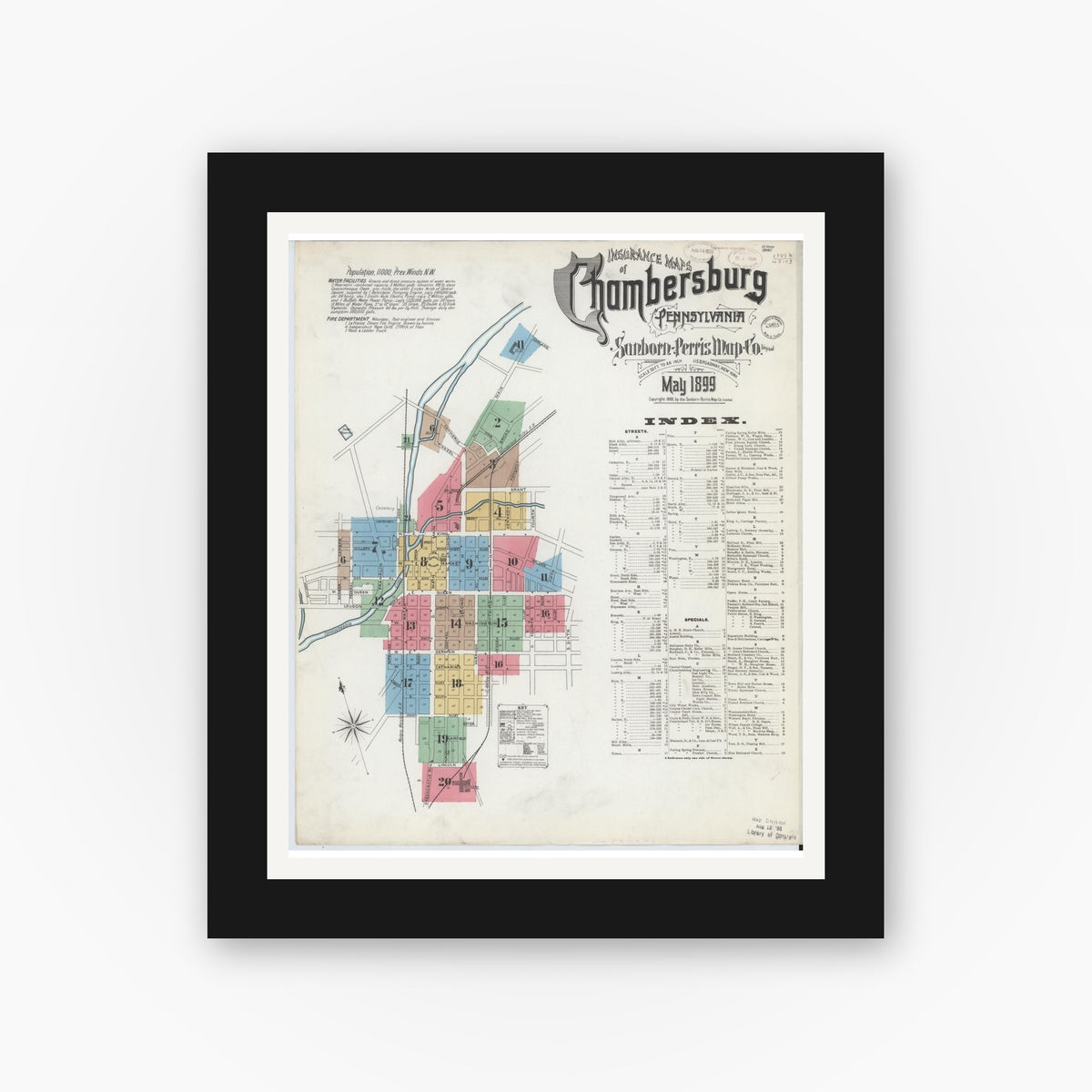 Old map wall art mockup — black gallery frame with white mat — Sanborn Fire Insurance Map from Chambersburg, Franklin County, Pennsylvania (1899) - Complete Map Set