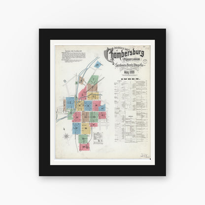Old map wall art mockup — black gallery frame with white mat — Sanborn Fire Insurance Map from Chambersburg, Franklin County, Pennsylvania (1899) - Complete Map Set