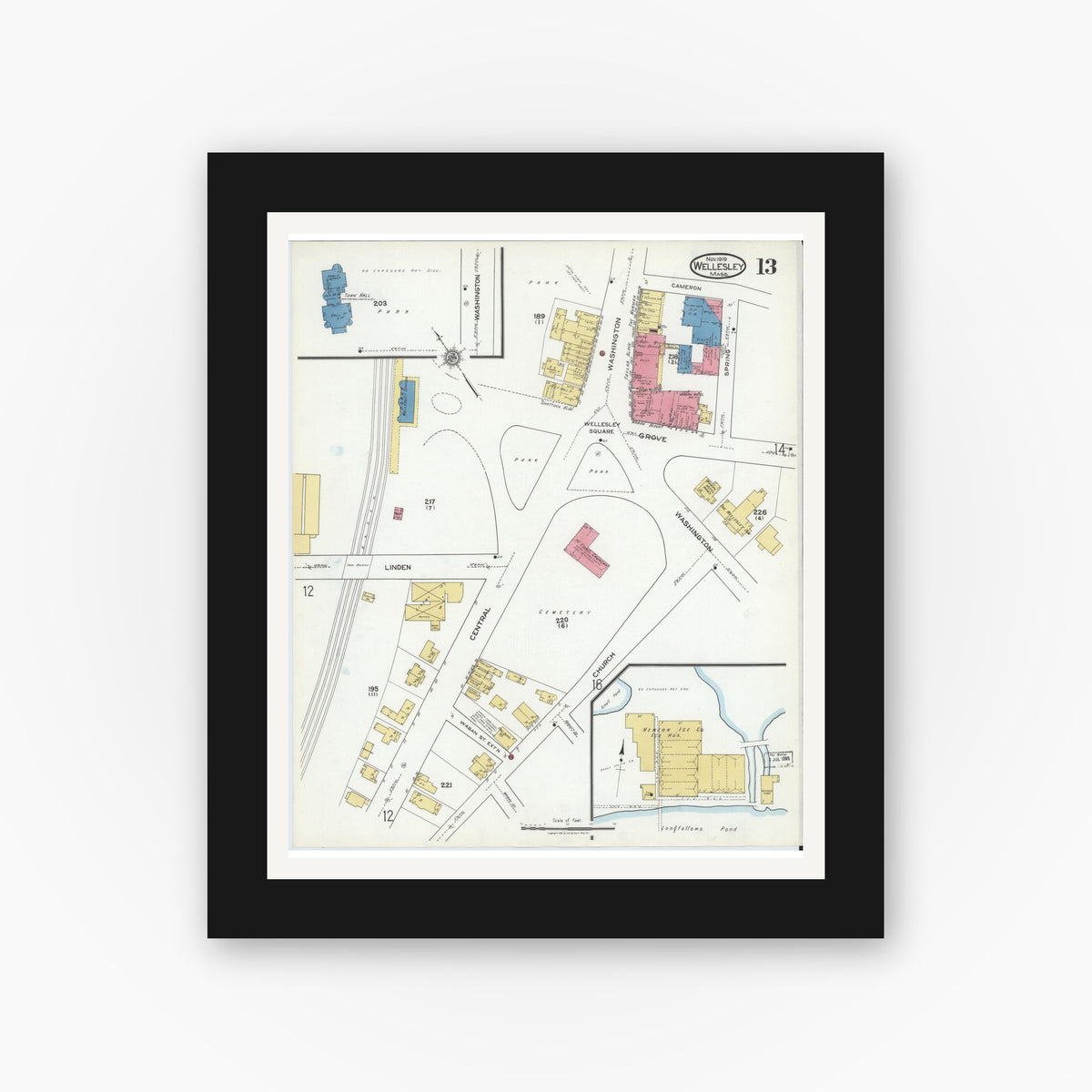 Old map wall art mockup — black gallery frame with white mat — Sanborn Fire Insurance Map from Wellesley, Norfolk County, Massachusetts (1919), Sheet #0013