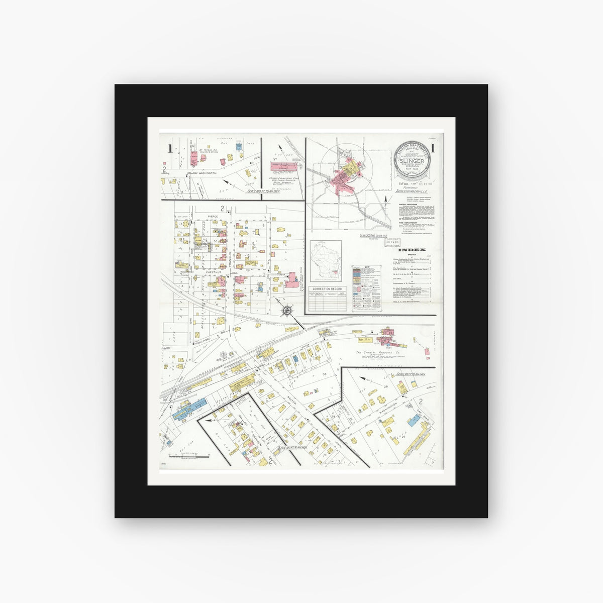 Old map wall art mockup — black gallery frame with white mat — Sanborn Fire Insurance Map from Slinger, Washington County, Wisconsin (1933) - Complete Map Set