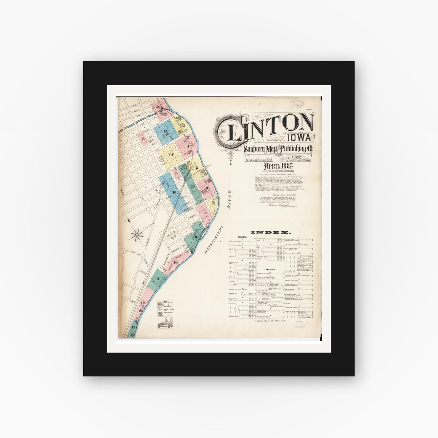 Old map wall art mockup — black gallery frame with white mat — Sanborn Fire Insurance Map from Clinton, Clinton County, Iowa (1885), Sheet #0001