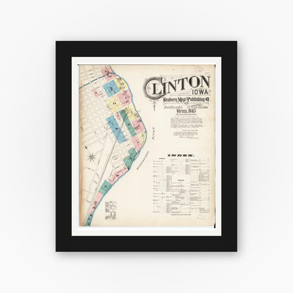 Old map wall art mockup — black gallery frame with white mat — Sanborn Fire Insurance Map from Clinton, Clinton County, Iowa (1885), Sheet #0001