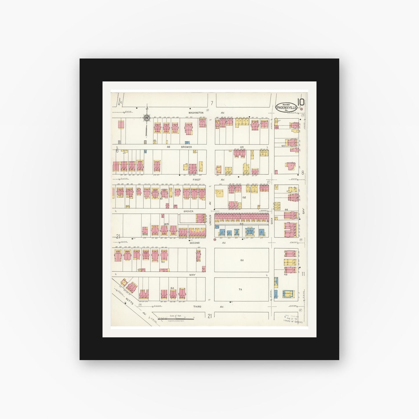 Old map wall art mockup — black gallery frame with white mat — Sanborn Fire Insurance Map from Phoenixville, Chester County, Pennsylvania (1921), Sheet #0010
