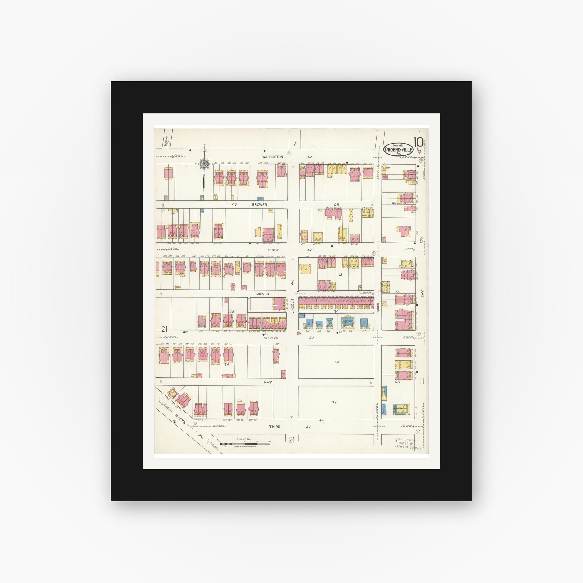 Old map wall art mockup — black gallery frame with white mat — Sanborn Fire Insurance Map from Phoenixville, Chester County, Pennsylvania (1921), Sheet #0010