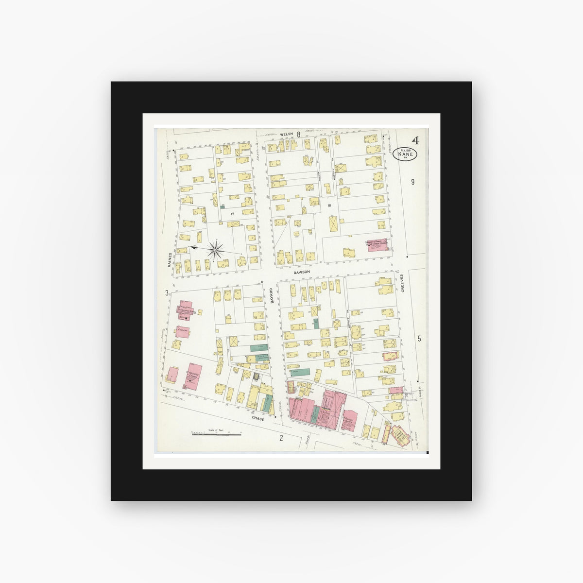 Old map wall art mockup — black gallery frame with white mat — Sanborn Fire Insurance Map from Kane, McKean County, Pennsylvania (1909), Sheet #0004