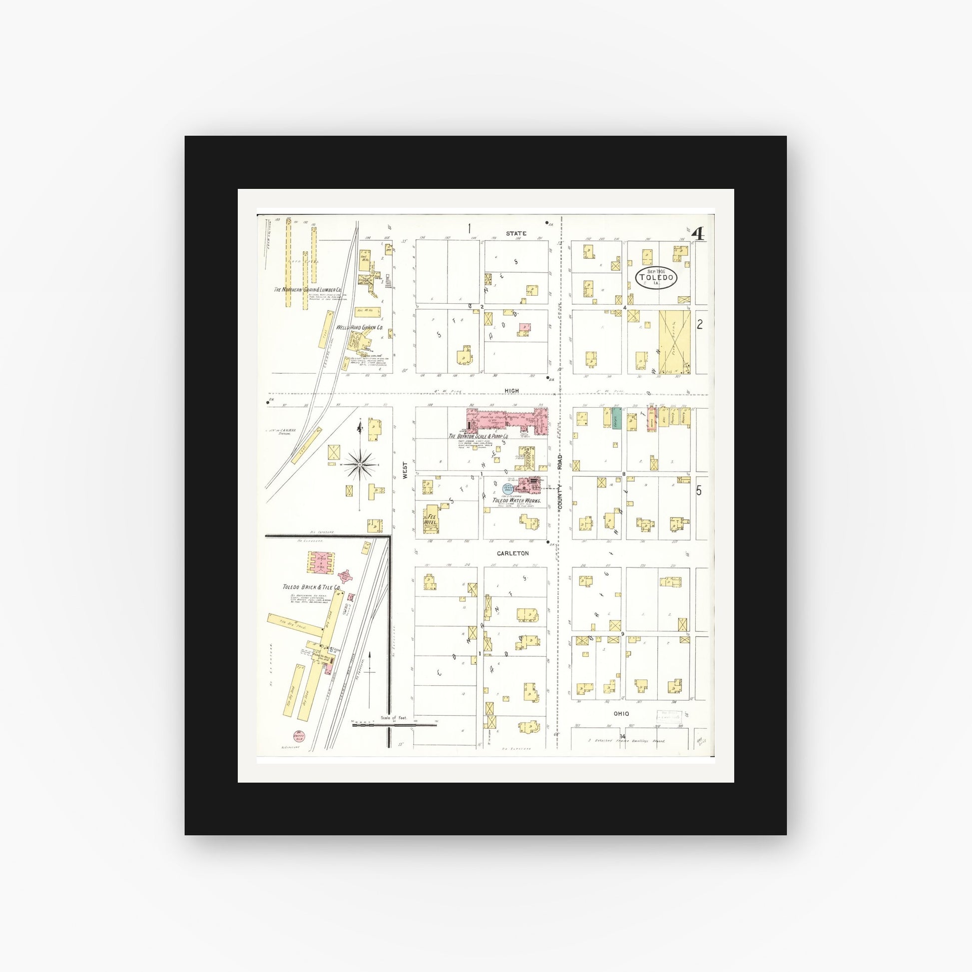 Old map wall art mockup — black gallery frame with white mat — Sanborn Fire Insurance Map from Toledo, Tama County, Iowa (1906), Sheet #0004