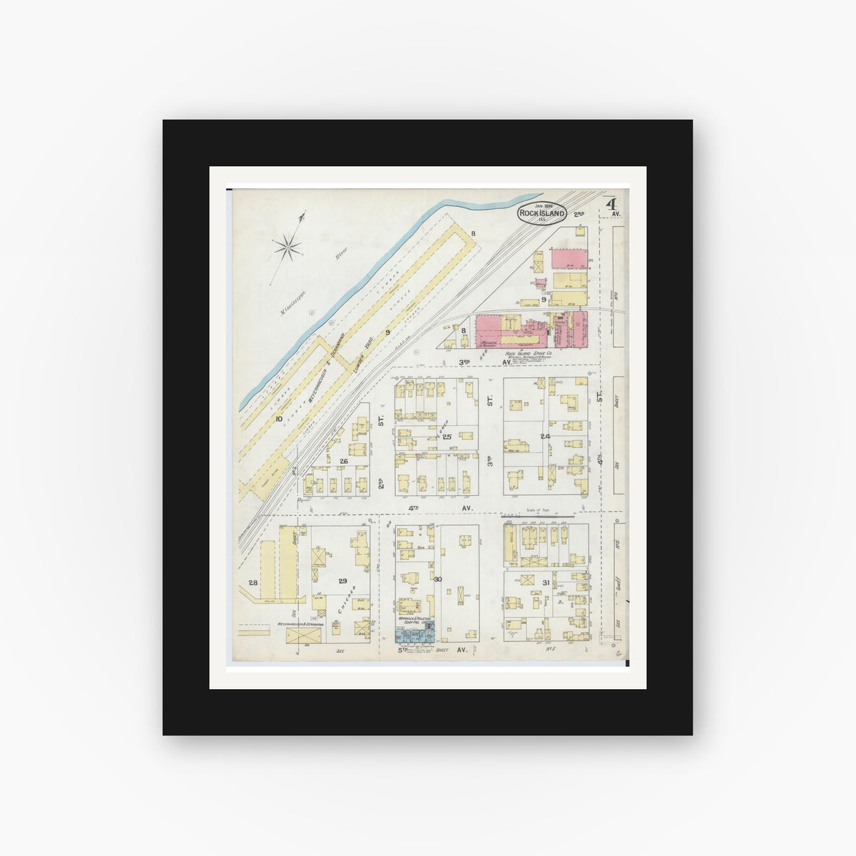 Old map wall art mockup — black gallery frame with white mat — Sanborn Fire Insurance Map from Rock Island, Rock Island County, Illinois (1892), Sheet #0004