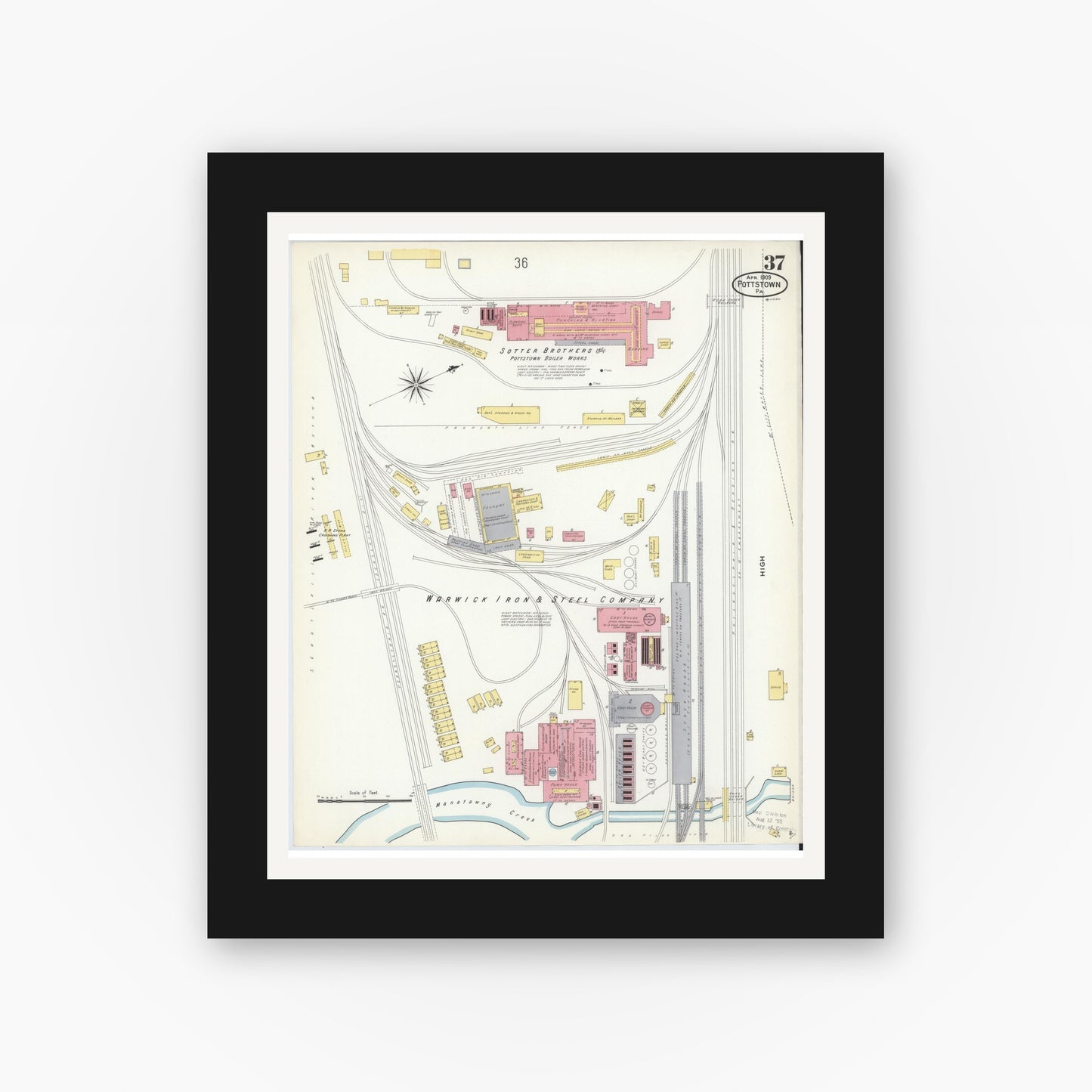 Old map wall art mockup — black gallery frame with white mat — Sanborn Fire Insurance Map from Pottstown, Montgomery County, Pennsylvania (1909), Sheet #0037