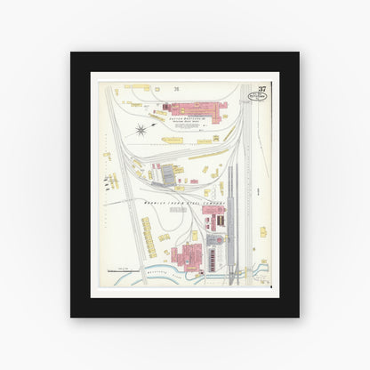 Old map wall art mockup — black gallery frame with white mat — Sanborn Fire Insurance Map from Pottstown, Montgomery County, Pennsylvania (1909), Sheet #0037