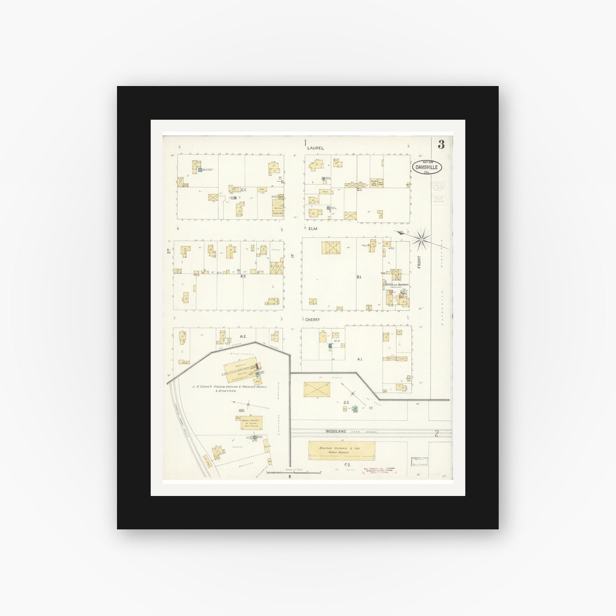 Old map wall art mockup — black gallery frame with white mat — Sanborn Fire Insurance Map from Davis, Yolo County, California (1900), Sheet #0003
