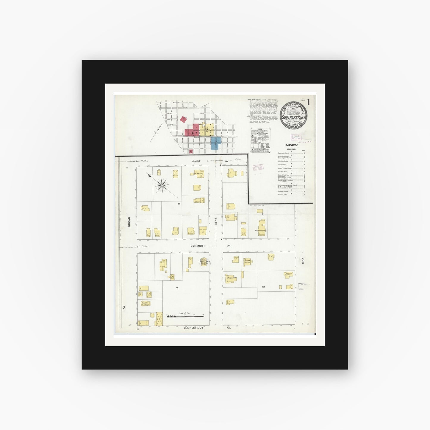 Old map wall art mockup — black gallery frame with white mat — Sanborn Fire Insurance Map from Southern Pines, Moore County, North Carolina (1909), Sheet #0001