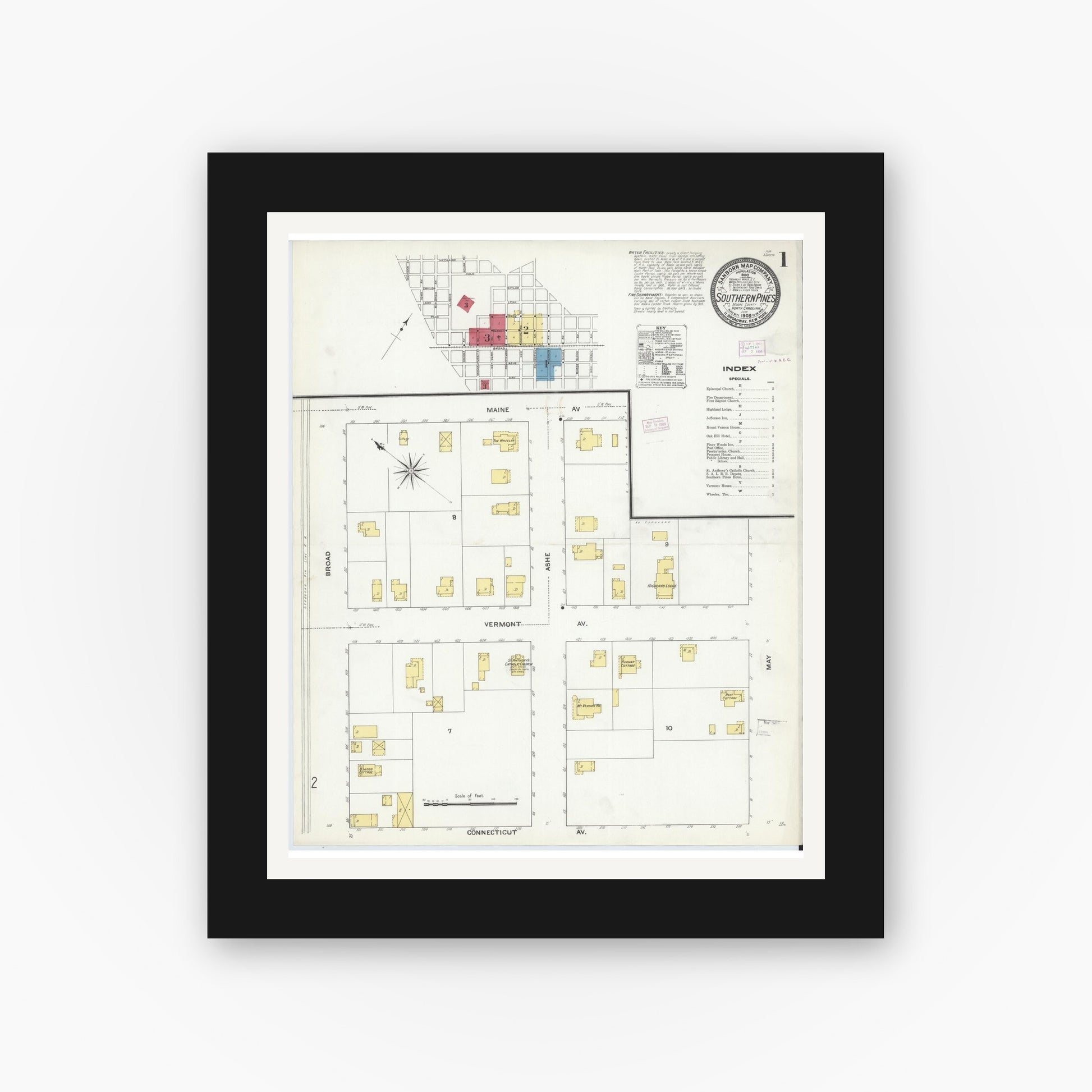 Old map wall art mockup — black gallery frame with white mat — Sanborn Fire Insurance Map from Southern Pines, Moore County, North Carolina (1909), Sheet #0001