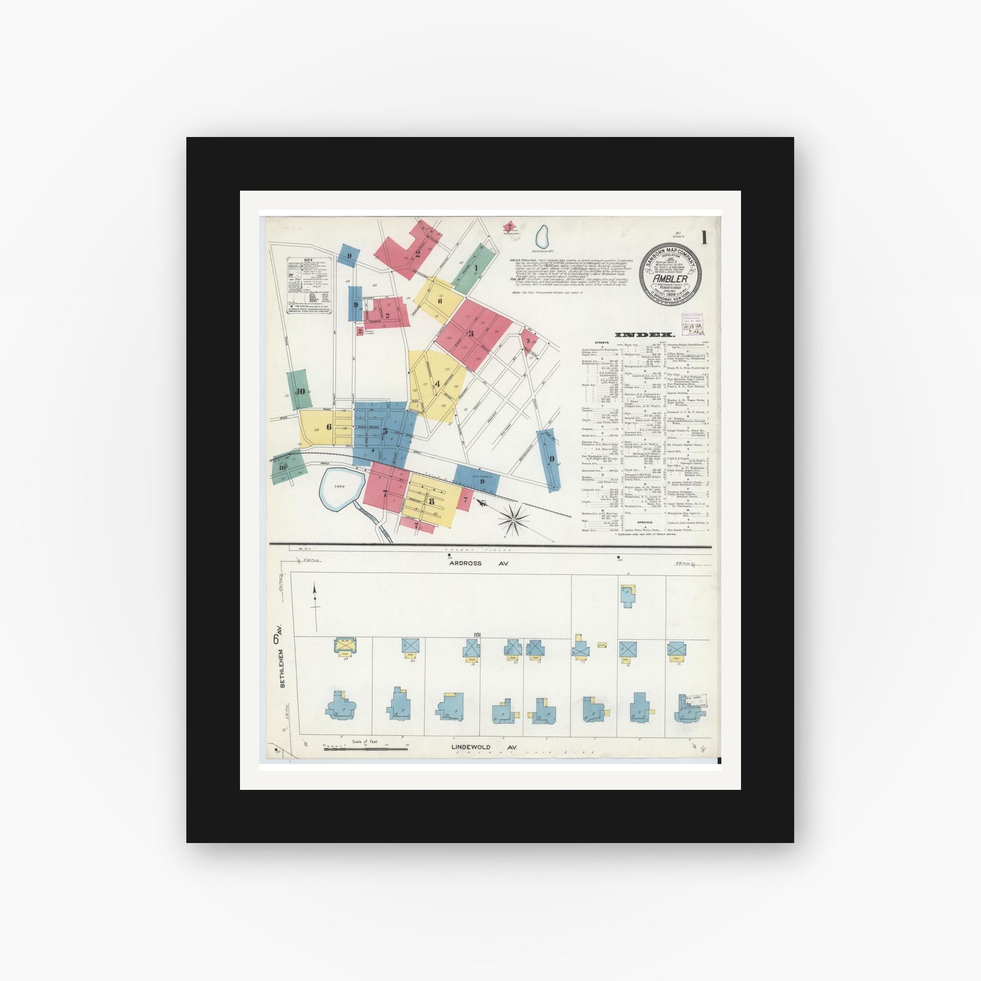 Old map wall art mockup — black gallery frame with white mat — Sanborn Fire Insurance Map from Ambler, Montgomery County, Pennsylvania (1909) - Complete Map Set