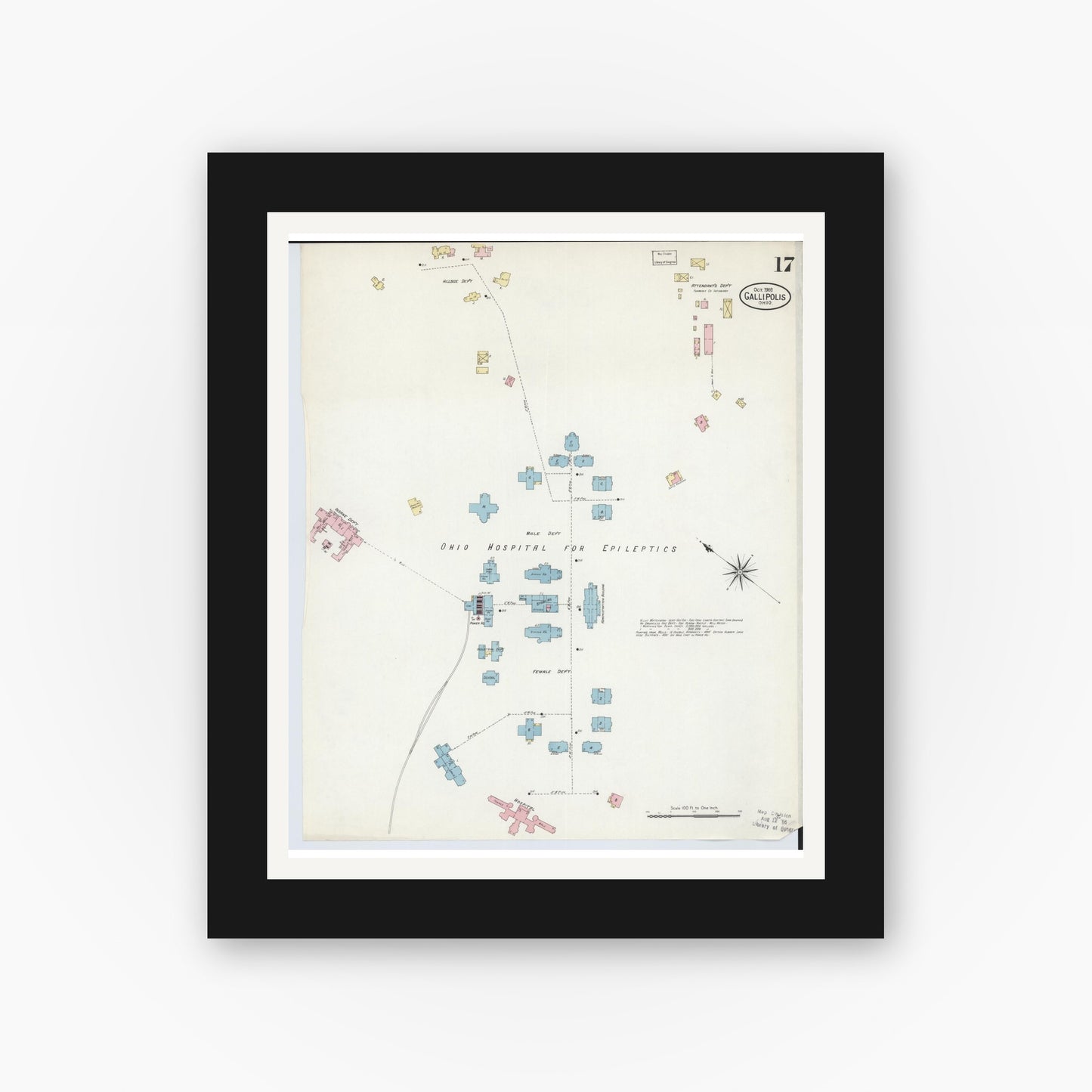 Old map wall art mockup — black gallery frame with white mat — Sanborn Fire Insurance Map from Gallipolis, Gallia County, Ohio (1908), Sheet #0017