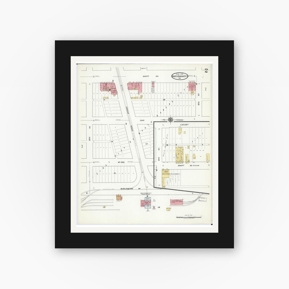 Old map wall art mockup — black gallery frame with white mat — Sanborn Fire Insurance Map from North Kansas City, Clay County, Missouri (1918), Sheet #0002