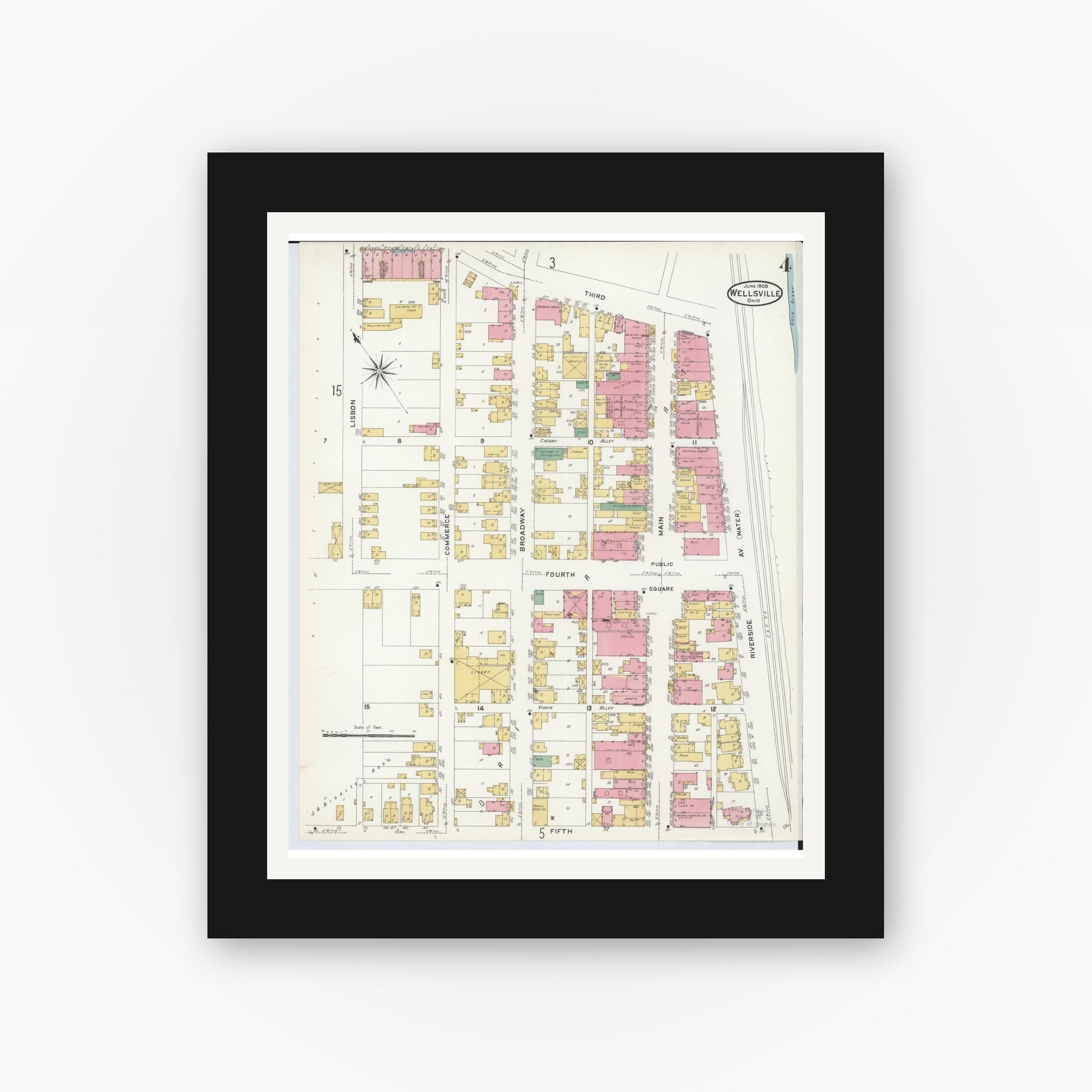 Old map wall art mockup — black gallery frame with white mat — Sanborn Fire Insurance Map from Wellsville, Columbiana County, Ohio (1908), Sheet #0004