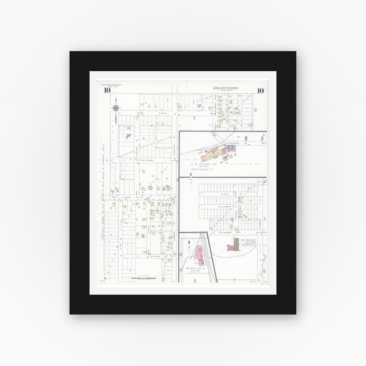 Old map wall art mockup — black gallery frame with white mat — Sanborn Fire Insurance Map from Port Washington, Ozaukee County, Wisconsin (1938), Sheet #0010