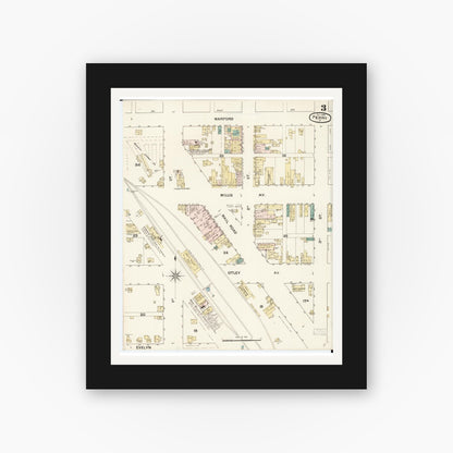 Old map wall art mockup — black gallery frame with white mat — Sanborn Fire Insurance Map from Perry, Dallas County, Iowa (1888), Sheet #0003