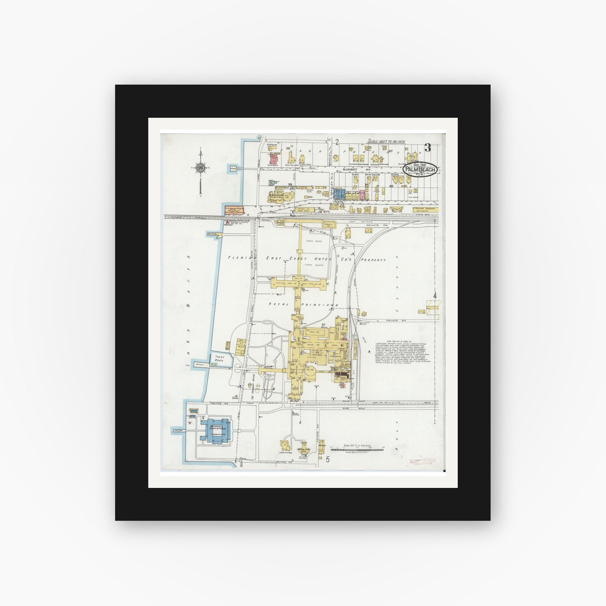 Old map wall art mockup — black gallery frame with white mat — Sanborn Fire Insurance Map from Palm Beach, Palm Beach County, Florida (1919), Sheet #0003