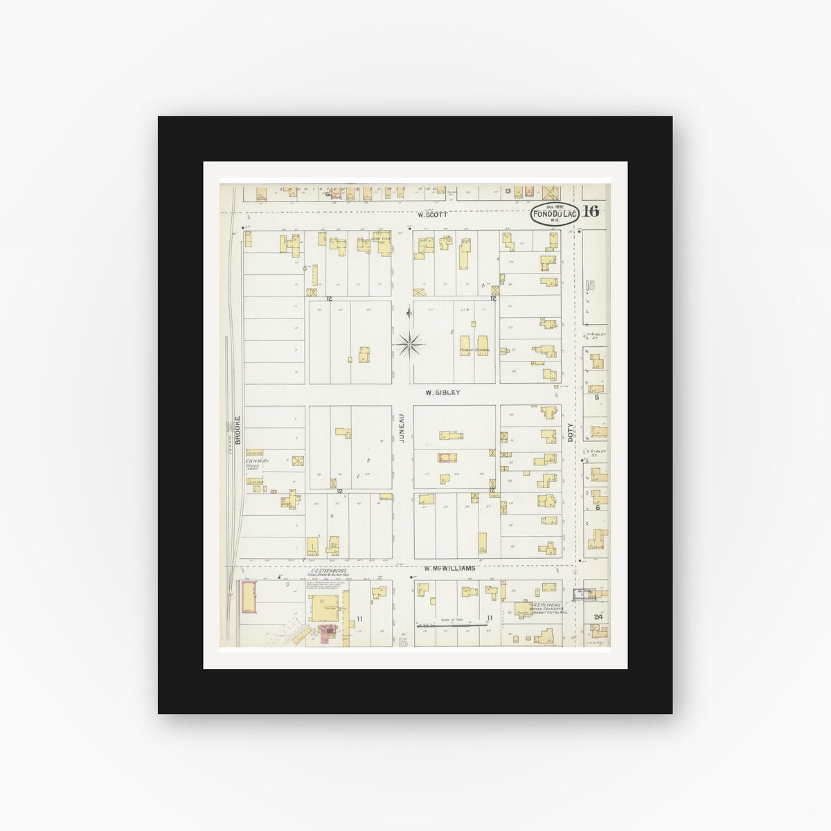 Old map wall art mockup — black gallery frame with white mat — Sanborn Fire Insurance Map from Fond du Lac, Fond du Lac County, Wisconsin (1892), Sheet #0016