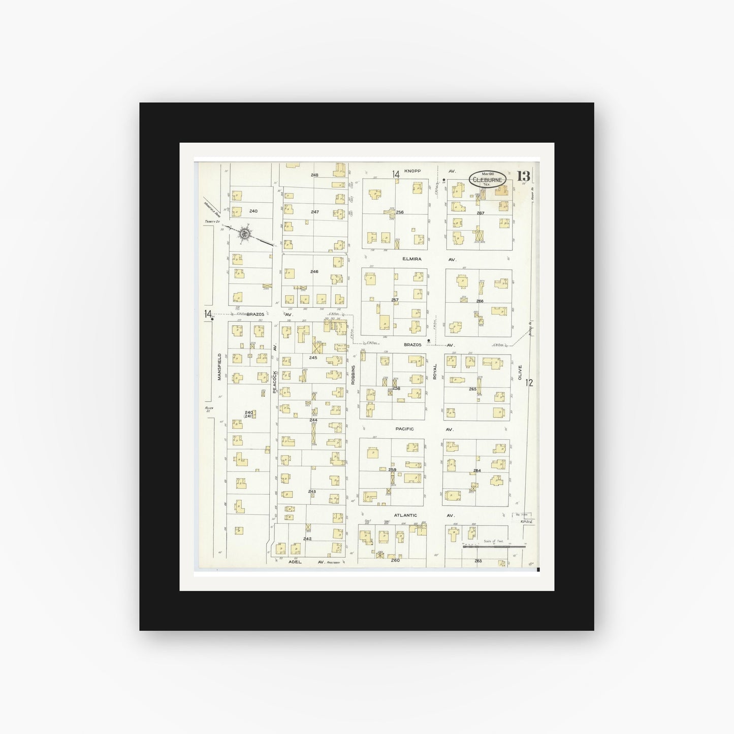 Old map wall art mockup — black gallery frame with white mat — Sanborn Fire Insurance Map from Cleburne, Johnson County, Texas (1910), Sheet #0013