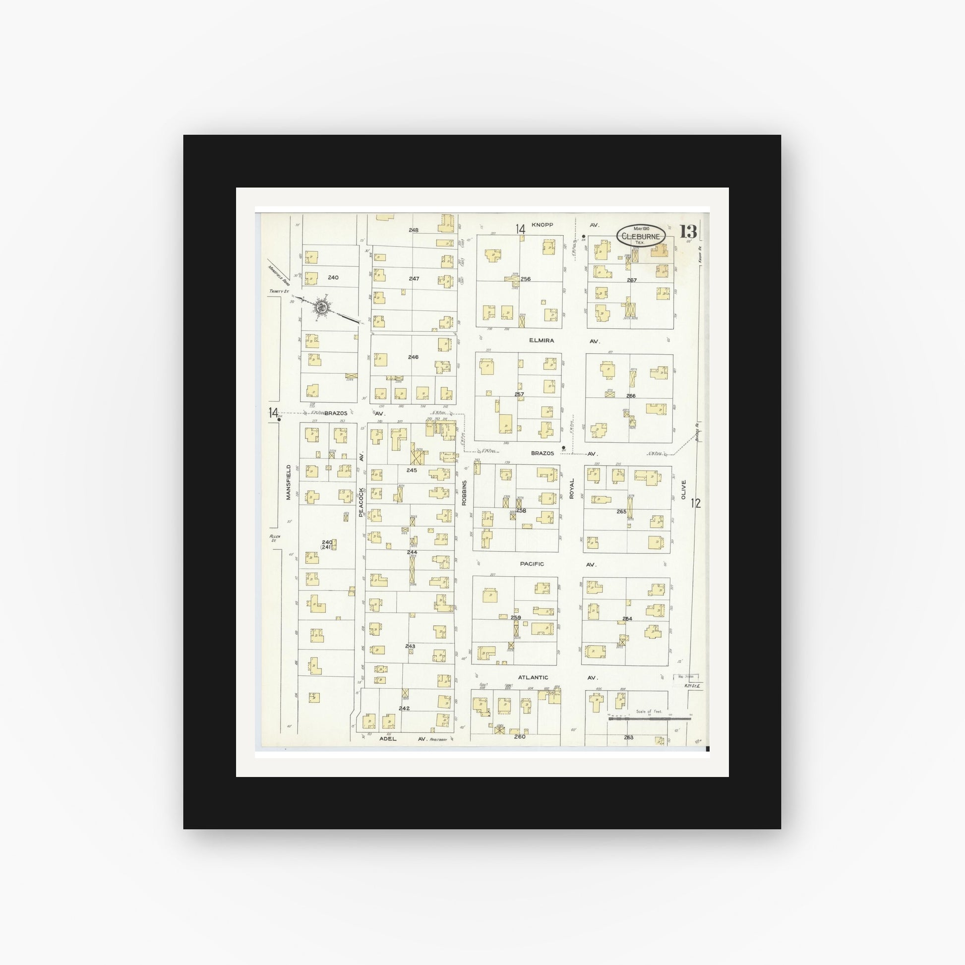 Old map wall art mockup — black gallery frame with white mat — Sanborn Fire Insurance Map from Cleburne, Johnson County, Texas (1910), Sheet #0013