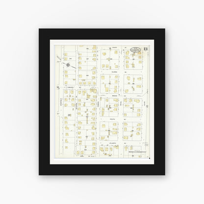 Old map wall art mockup — black gallery frame with white mat — Sanborn Fire Insurance Map from Cleburne, Johnson County, Texas (1910), Sheet #0013