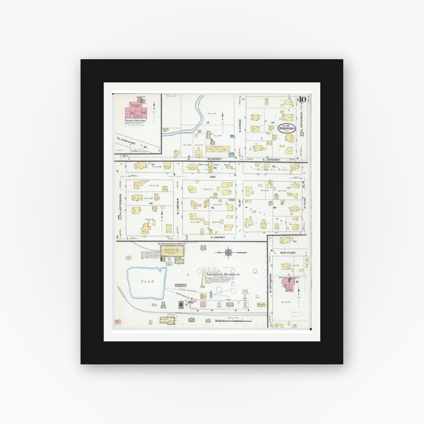 Old map wall art mockup — black gallery frame with white mat — Sanborn Fire Insurance Map from Robinson, Crawford County, Illinois (1910), Sheet #0010