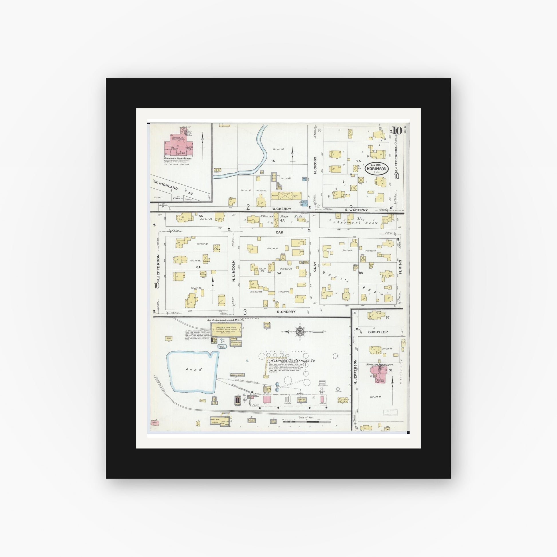 Old map wall art mockup — black gallery frame with white mat — Sanborn Fire Insurance Map from Robinson, Crawford County, Illinois (1910), Sheet #0010