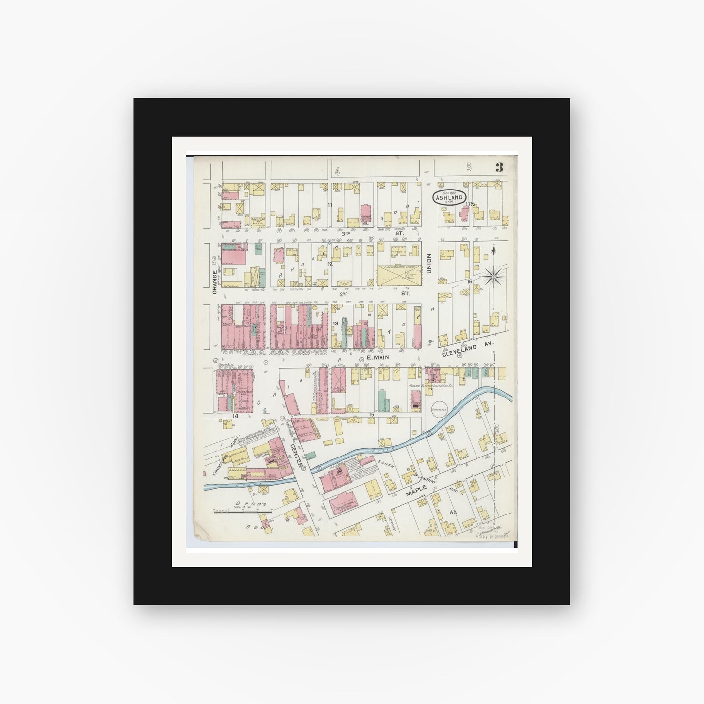 Old map wall art mockup — black gallery frame with white mat — Sanborn Fire Insurance Map from Ashland, Ashland County, Ohio (1893), Sheet #0003