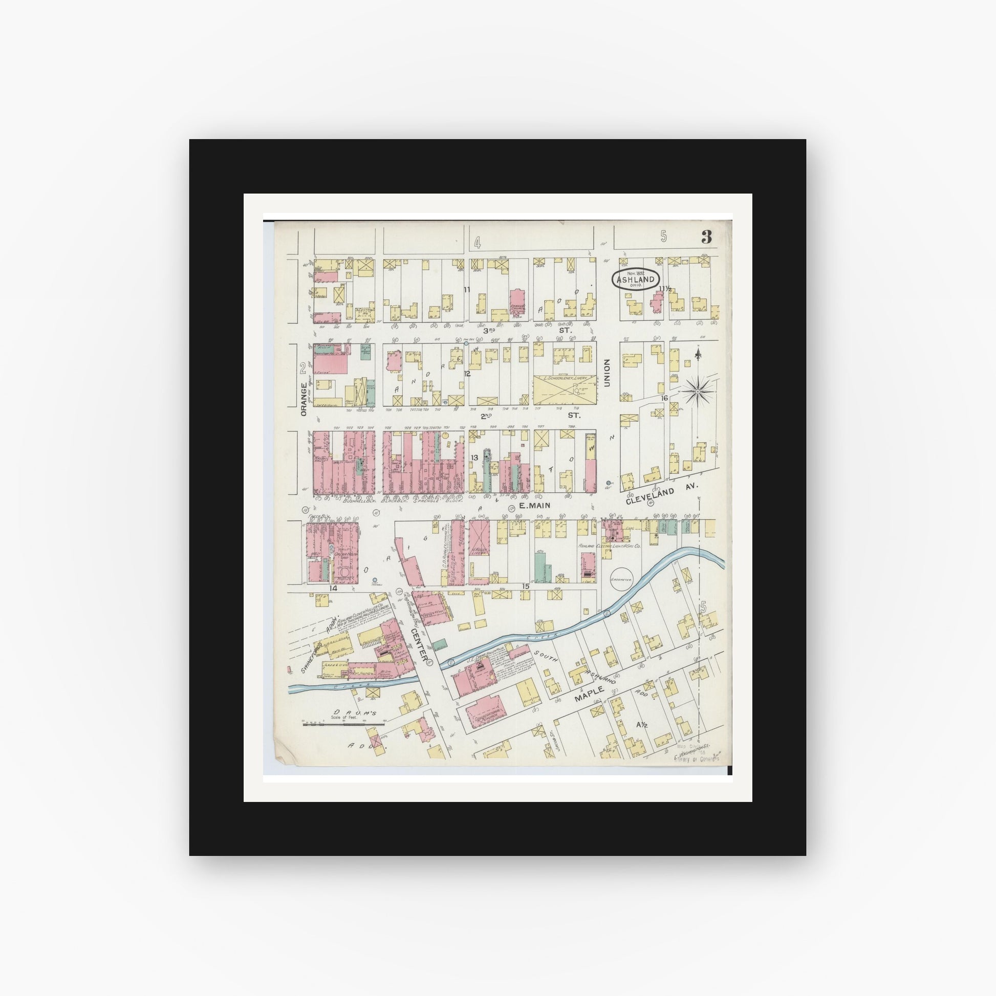 Old map wall art mockup — black gallery frame with white mat — Sanborn Fire Insurance Map from Ashland, Ashland County, Ohio (1893), Sheet #0003