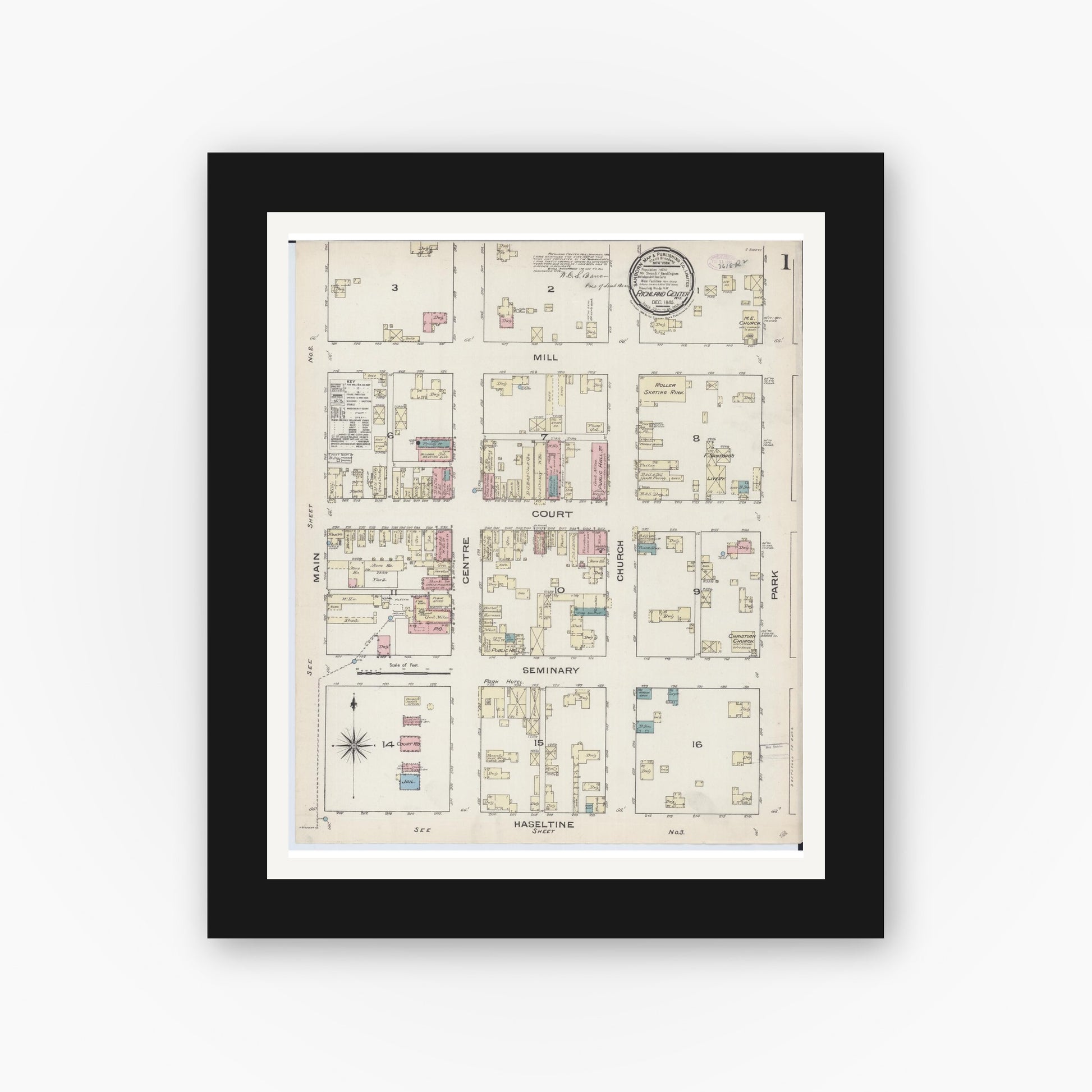 Old map wall art mockup — black gallery frame with white mat — Sanborn Fire Insurance Map from Richland Center, Richland County, Wisconsin (1883) - Complete Map Set