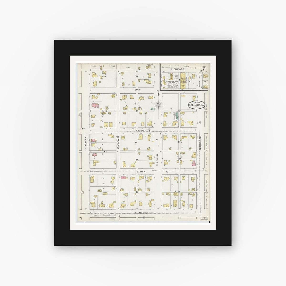 Old map wall art mockup — black gallery frame with white mat — Sanborn Fire Insurance Map from Valparaiso, Porter County, Indiana (1892), Sheet #0007