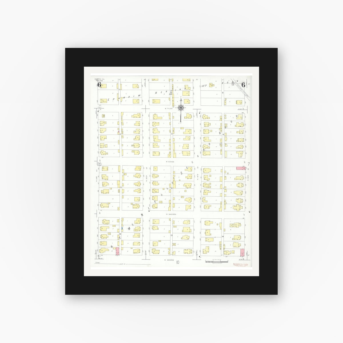 Old map wall art mockup — black gallery frame with white mat — Sanborn Fire Insurance Map from Herrin, Williamson County, Illinois (1941), Sheet #0006